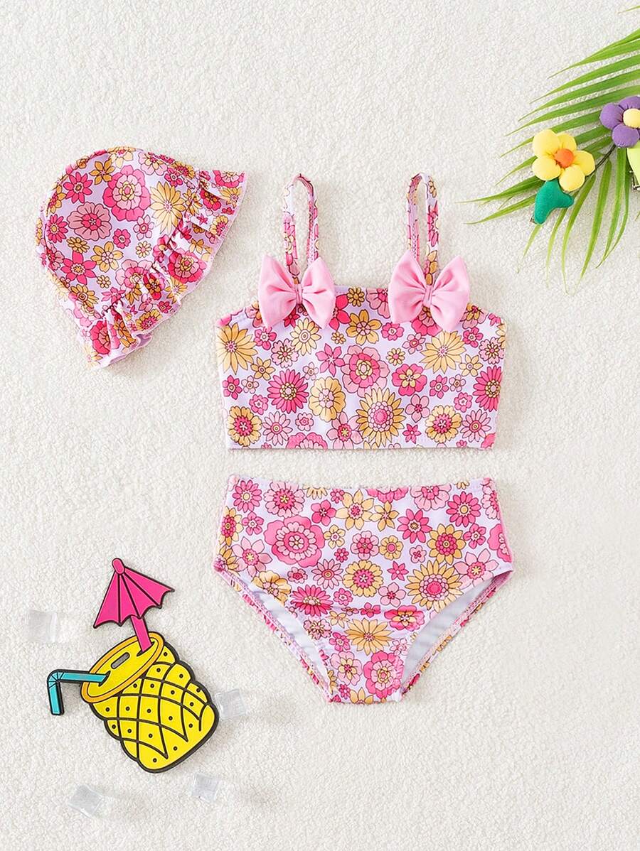 SHEIN Bộ đồ bơi và quần bơi có nơ hoa cho bé gái sơ sinh - Hồng - Xem 1