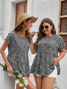 SHEIN LUNE 夏日假期超大碼女性鬆身波西米亞風蝙蝠短袖花卉印花襯衫 - 黑色 - 查看 7