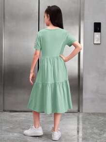 Robe à manches courtes et à col rond décontractée pour fille préadolescente avec motif de slogan et coupe ample - Vert menthe - Voir 2