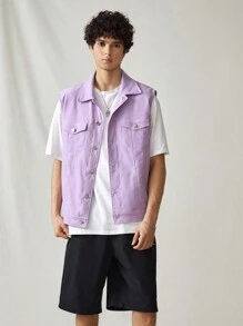 Manfinity RebelGame Men Light Purple Woven Leisure Flip Pocket Button Front Vest, For Fall Winter - Purple - View 1