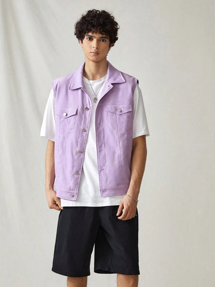 Manfinity RebelGame Men Light Purple Woven Leisure Flip Pocket Button Front Vest, For Fall Winter - Purple - View 1