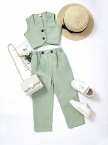 Young Girl Back-To-School Season Casual Fashion Short Top Suit, Consisting Of Waistcoat And Suit Pants, Suitable For Daily Gatherings, Performances In Spring And Summer Sage Green Outfitgreen Young Girl Outfitgreen Two Pieces Setgreen Young Girls Setsgreen Outfit For Young Girl