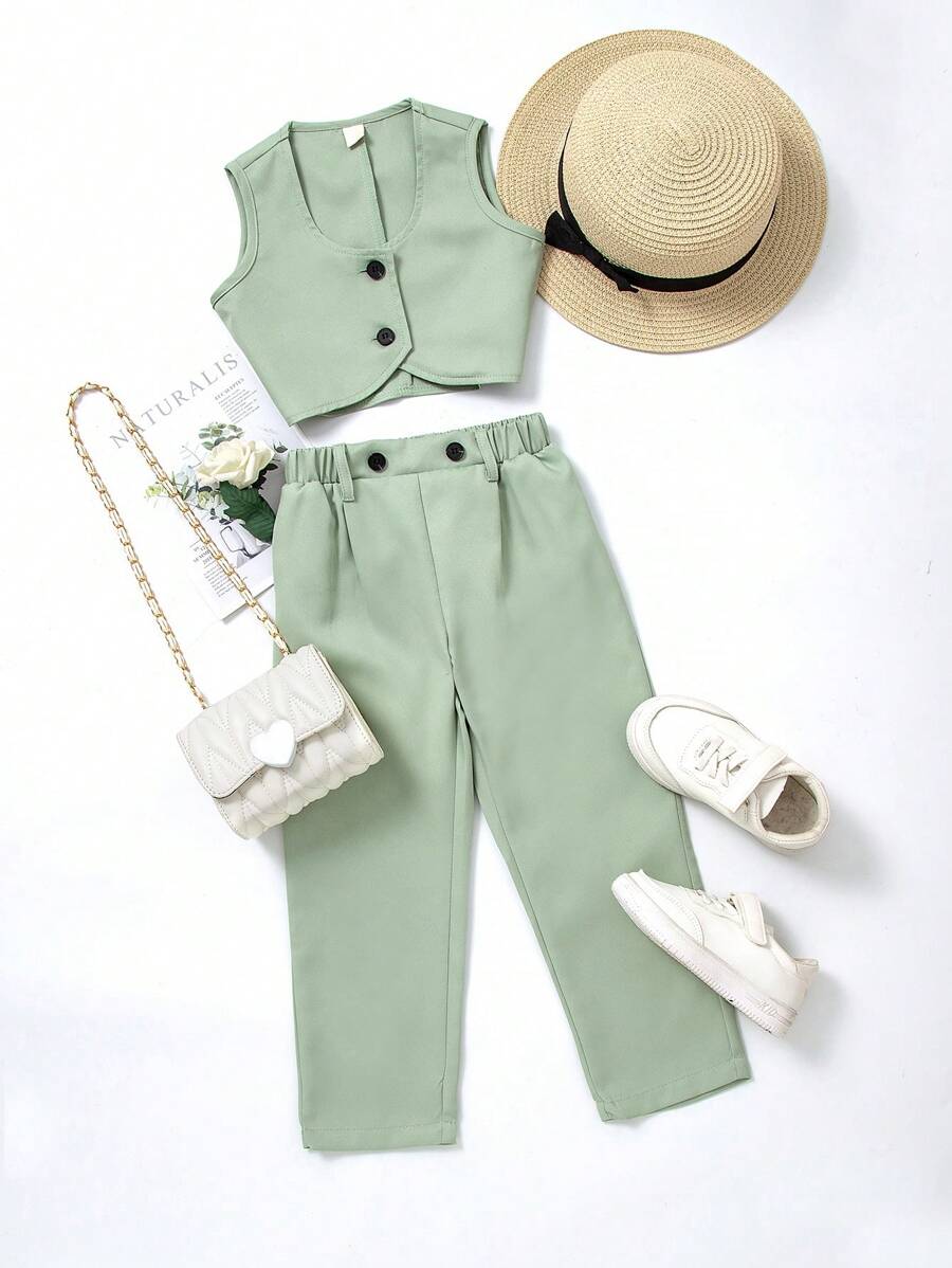 Young Girl Back-To-School Season Casual Fashion Short Top Suit, Consisting Of Waistcoat And Suit Pants, Suitable For Daily Gatherings, Performances In Spring And Summer Sage Green Outfitgreen Young Girl Outfitgreen Two Pieces Setgreen Young Girls Setsgreen Outfit For Young Girl