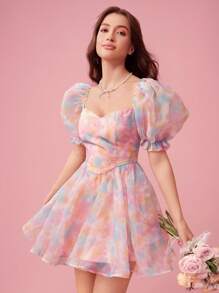 SHEIN X JIMENA & MATEO Enchnt Abito con scollo a cuore e maniche a bolla multicolor tie-dye