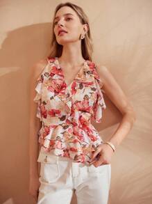 MOTF PREMIUM ALLOVER FLORAL PRINT SURPLICE NECK RUFFLE TRIM PEPLUM BLOUSE - Multicolor - View 9