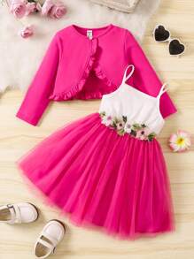 SHEIN Glamorique Kids Young Girl Fashionable Flower Appliques Slip Dress & Ruffle Trim Jacket Two Pieces Set - Hot Pink - View 1