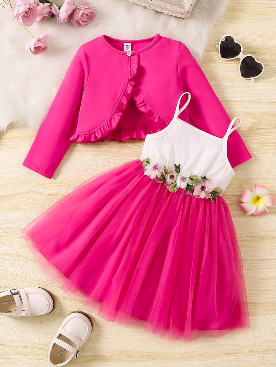 SHEIN Glamorique Kids Young Girl Fashionable Flower Appliques Slip Dress & Ruffle Trim Jacket Two Pieces Set - Hot Pink - View 1