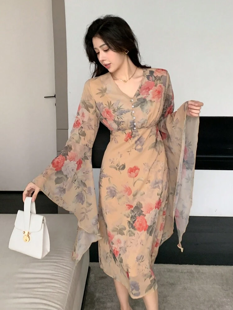 Women Colorful Printed Design Sense Dress,Fall Dress Long Sleeve Dress Floral