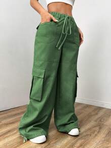 SHEIN EZwear Ladies" Plain Drawstring Waist Wide-Leg Cargo Pants With Loose Fit