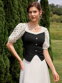GENKIRA Polka Dot Chiffon Patchwork Cinched Waist Faux Pearl Button Puff Sleeve Short Sleeve Blouse - Multicolor - View 5
