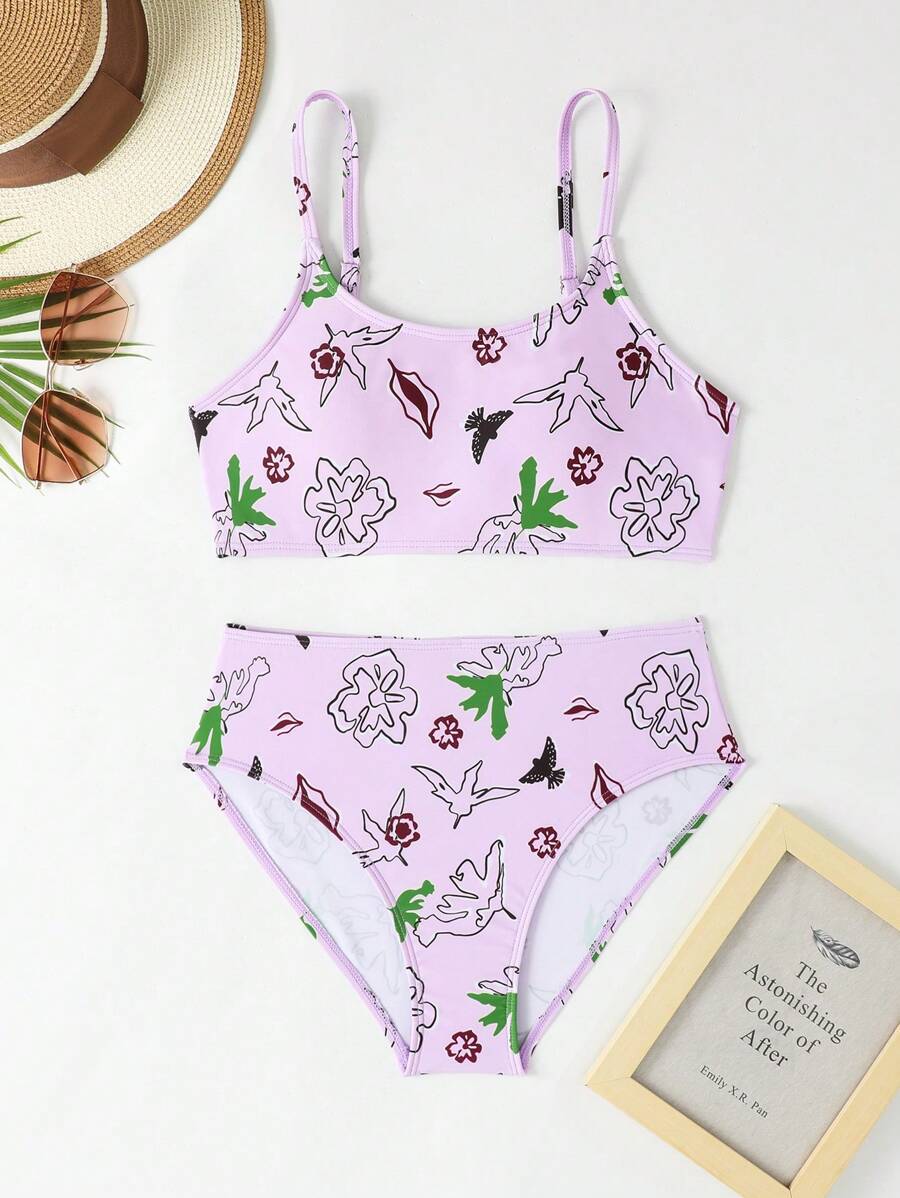 少女两件套花卉印花比基尼套装夏季海滩