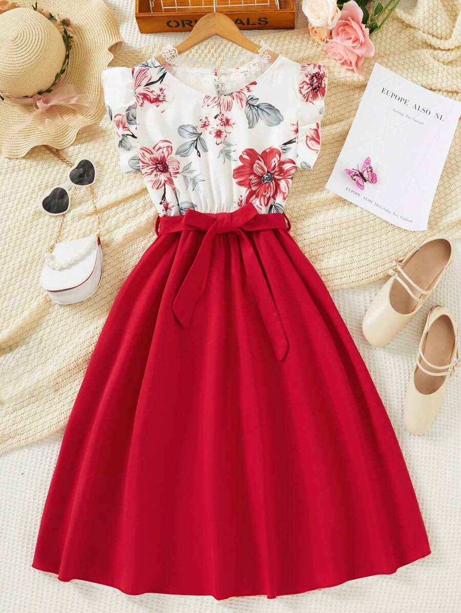 Thiếu niên cô gái Ren In hoa Tay áo hình bướm Thanh lịch Sweetness Đầm - Đỏ - Xem 1