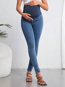 SHEIN Pregnant Women Color Block Splicing High Waisted Slim Fit Denim Pants For Maternity Jeans - Dark Wash - View 6