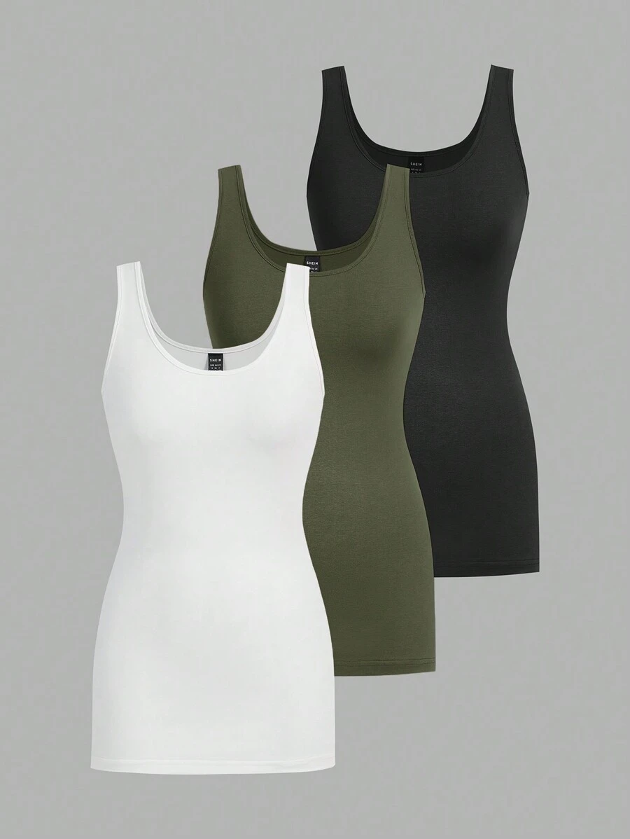 SHEIN Essnce Multicolor Women Solid Color Simple Style Sleeveless Casual Tank Top - Army Green - View 1