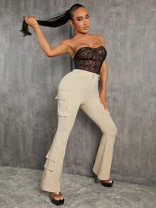 SHEIN SXY 女性休閒高街喇叭口貨褲，配有3D口袋，卡其色 - 卡其色 - 查看 6