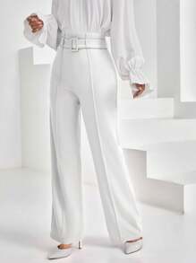 Firerie Women Solid Color Belted Flared Leg Long Pants - White - View 5