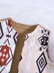 SHEIN 男童夏季幾何圖案開衫背心短褲套裝，附帽 - 卡其色 - 查看 3