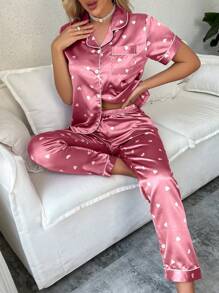 SweetSlumber Women Pajama Sets Kantong Contrast Binding Tombol Depan Geometris - Hot Pink - View 6