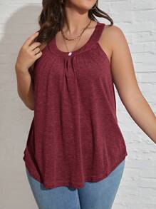SHEIN LUNE Plus Size Summer Simple Loose Pleated Casual Tank Top - Red - View 3