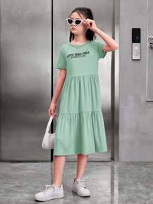 Robe à manches courtes et à col rond décontractée pour fille préadolescente avec motif de slogan et coupe ample - Vert menthe - Voir 3