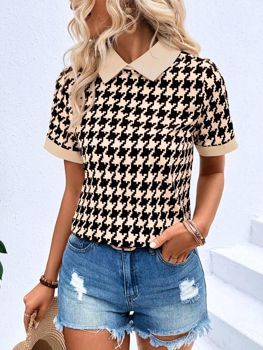 EMERY ROSE 女裝時尚H型色塊立領獵牙格紋襯衫 - 杏色 - 查看 1