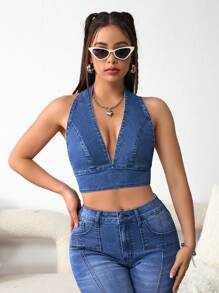 SHEIN EZwear Top Denim corto de verano casaul para mujeres con escote en V profundo y cuello halter