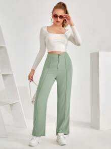 SHEIN Frenchy Women Fashionable Solid Color All-Match Line Design Elegant Long Pants Winter Green Casual Christmas - Green - View 5
