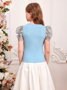 SHEIN Tween Girl Casual Spring/Summer Knitted Splice Mesh Embroidered Short Sleeve Round Neck Top - Blue - View 2