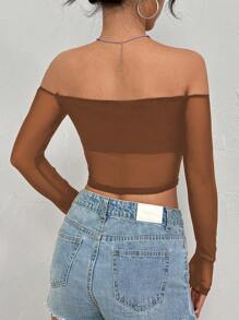 SHEIN Unity Women Spring & Summer Fashionable Mesh Splicing Off Shoulder Tight Cropped Long Sleeve Top - Brown - View 2