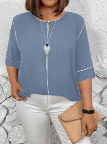 EMERY ROSE Camisa casual de talla grande con bloques de color y costuras expuestas para verano - Neblina azul - Ver 4