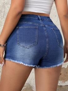 SHEIN ICON Plus Size Embroidered Patchwork Washed Denim Shorts With Frayed Hem And Pockets - Medium Wash - View 2