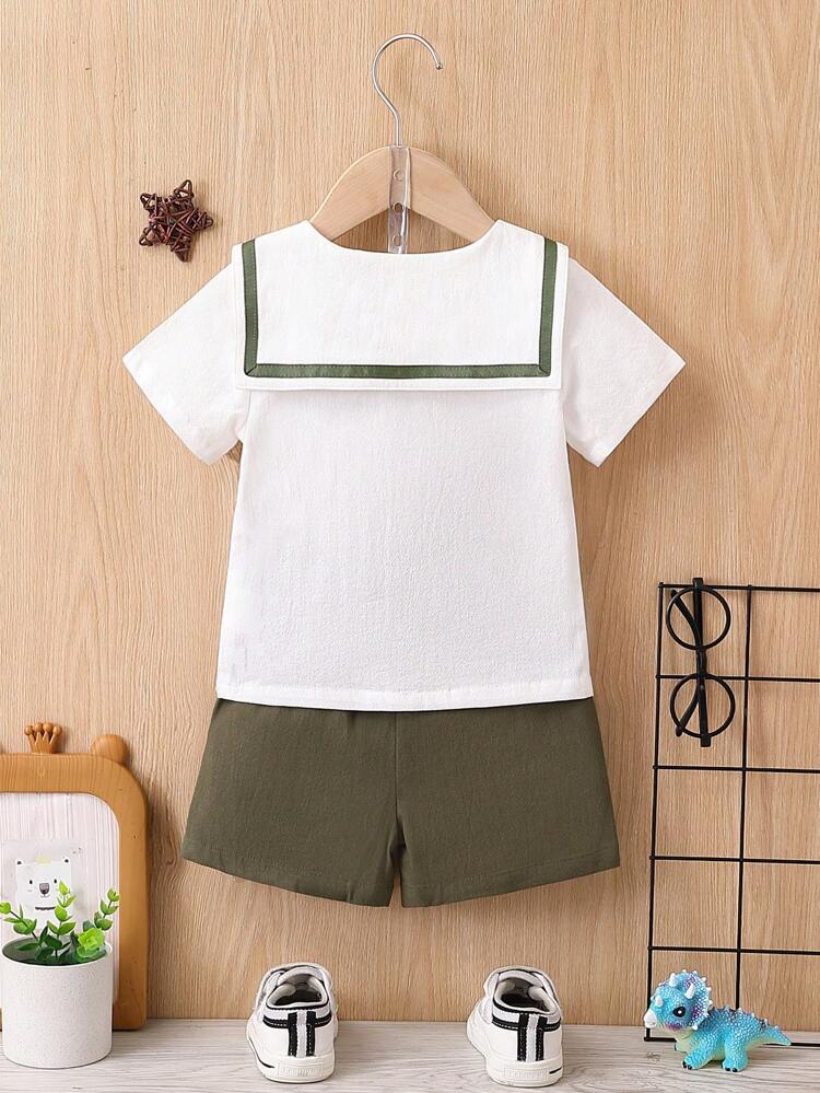 Baby Boy Summer New Handsome Navy Collar Color Block Bow Tie Shirt And Solid Color Shorts Two-Piece Set