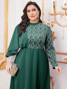 Modelyn Plus Size Embroidered Mesh Contrast Sequin Stand-Up Collar Dress Long Evening Dresses