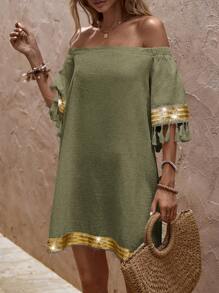 EMERY ROSE Letni casual Bez ramion Luźny krój Sukienki , Z Cekin , Frędzle I Grzywka Dekoracje