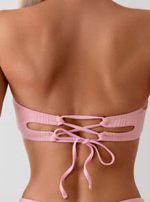 SHEIN Swim Women Solid Textured Ruffle Trim Backless Bandage Bikini Set Summer