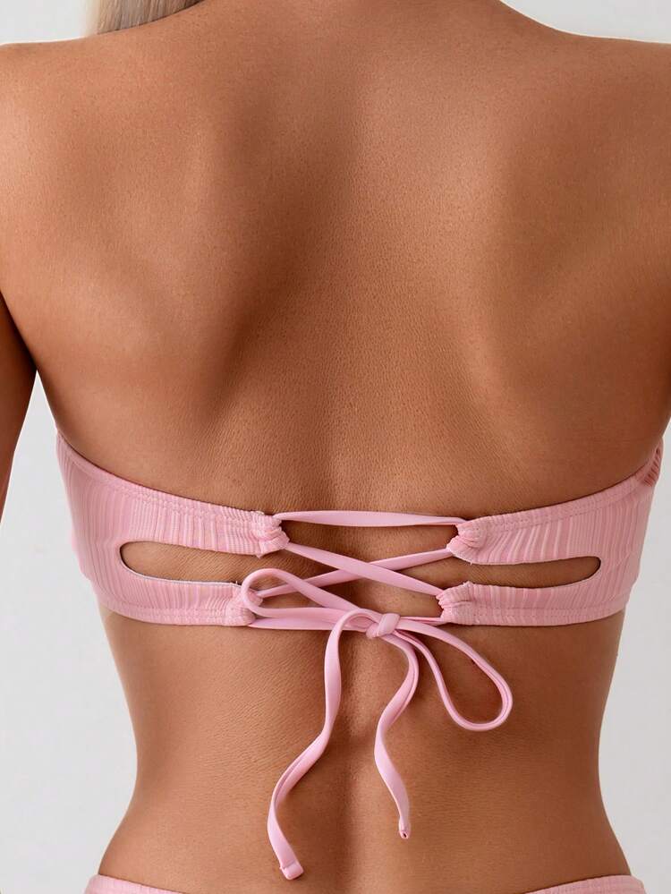 Women Solid Textured Ruffle Trim Backless Bandage Bikini Set Summer