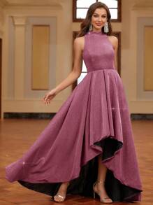 SHEIN Belle Women'S Sparkly Evening Dress With Large Hem, Short Front And Long Back, And Small Stand Collar Ball Gowns Woman Formal