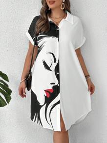 EMERY ROSE Vestido-camisa de manga corta con cuello de botones, con bloqueo de color y vista lateral de labios rojos, talla grande, para el verano