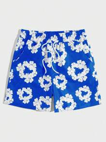 ROMWE MEN Street Life Men Floral Print Drawstring Summer Shorts, School - Royal Blue - View 1