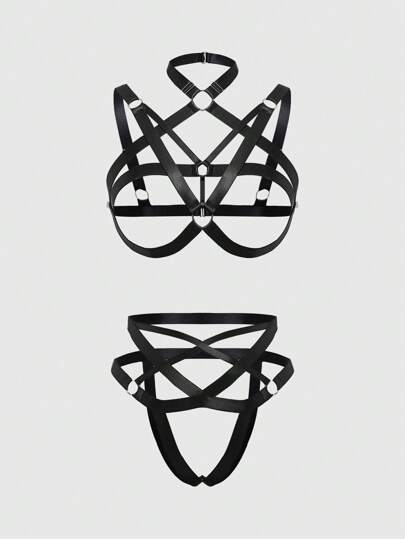 Grunge Punk Dunkel Punk Gotisch Gewebe Metall Ring Kragen Strumpfhalter Sexy Dessous Set