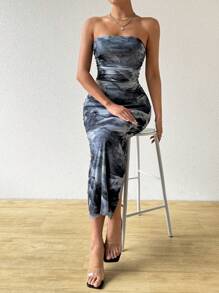Chiquease Đầm bodycon xếp ly in hoa mùa hè cho nữ - Xám - Xem 5