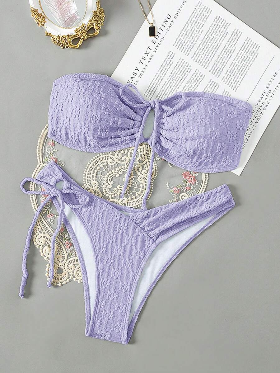Swim Mod Summer Beach Women Solid Color Textured Bikini Set For Beach Vacation - Purple - View 1