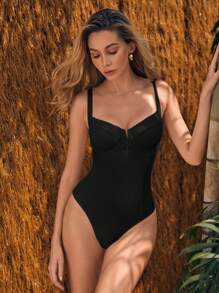 Swim Chiccia Bãi biển mùa hè cho nữ màu trơn trong kỳ nghỉ Đồ bơi một mảnh hở lưng có dây đeo vai - màu đen - Xem 1