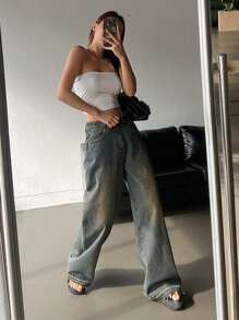 DAZY Pantalones vaqueros holgados para mujer para uso diario en verano, jeans holgados, ropa de vuelta al colegio - Neblina azul - Ver 2