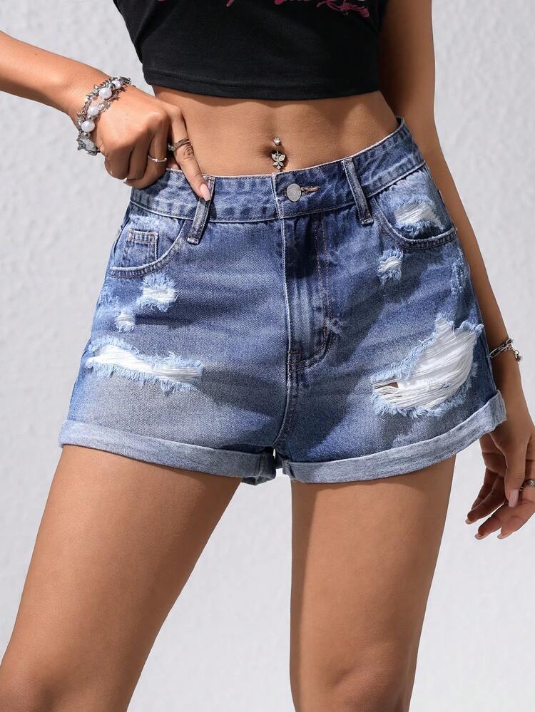 Women Fashionable Ripped Jeans Shorts For Casual Daily Outfits