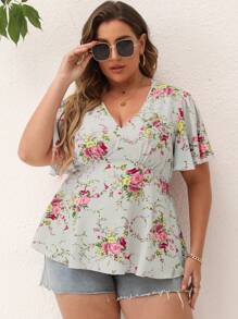 SHEIN Holidaya 大碼夏季假日花卉印花束腰襯衫 - 淺藍色 - 查看 4
