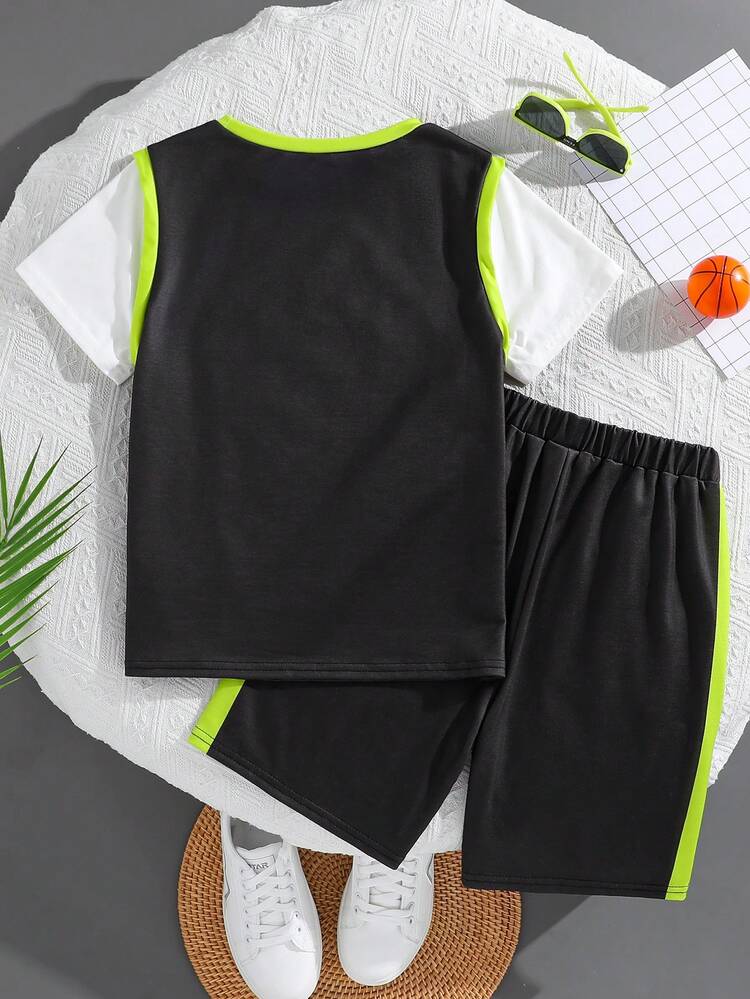 Boys' Loose Sports Round Neck 2 In 1 Pattern Short-Sleeved T-Shirt Shorts Two-Piece Set
