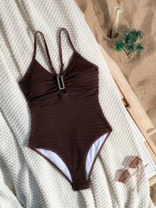 SHEIN Swim 女性夏季海灘固色繃褶設計休閒細肩一件式泳衣洋裝 - 棕色 - 查看 3