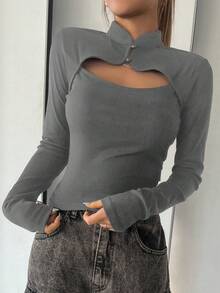 DAZY Áo thun nữ có cổ và cổ đứng khoét rỗng nối Slim Fit dài tay áo thun nữ - Màu xám đen - Xem 4