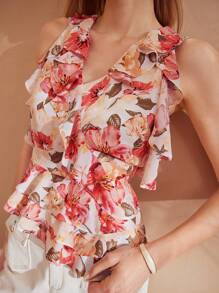 MOTF PREMIUM ALLOVER FLORAL PRINT SURPLICE NECK RUFFLE TRIM PEPLUM BLOUSE - Multicolor - View 3